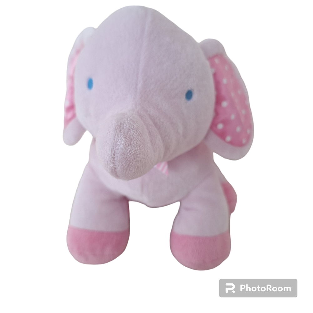 Babies R Us Pink Elephant Plush Stuffed Animal White Polka Dot Ears Striped Bow - Picture 8 of 8